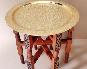 Hand-Engraved Moroccan Brass Tray Table: Folding Wooden Tea Table