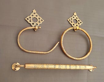 Handgefertigtes marokkanisches Badezimmer-Hardware-Set aus Messing - Handtuchhalter, Handtuchring & Toilettenpapierhalter - Vintage Wanddekoration