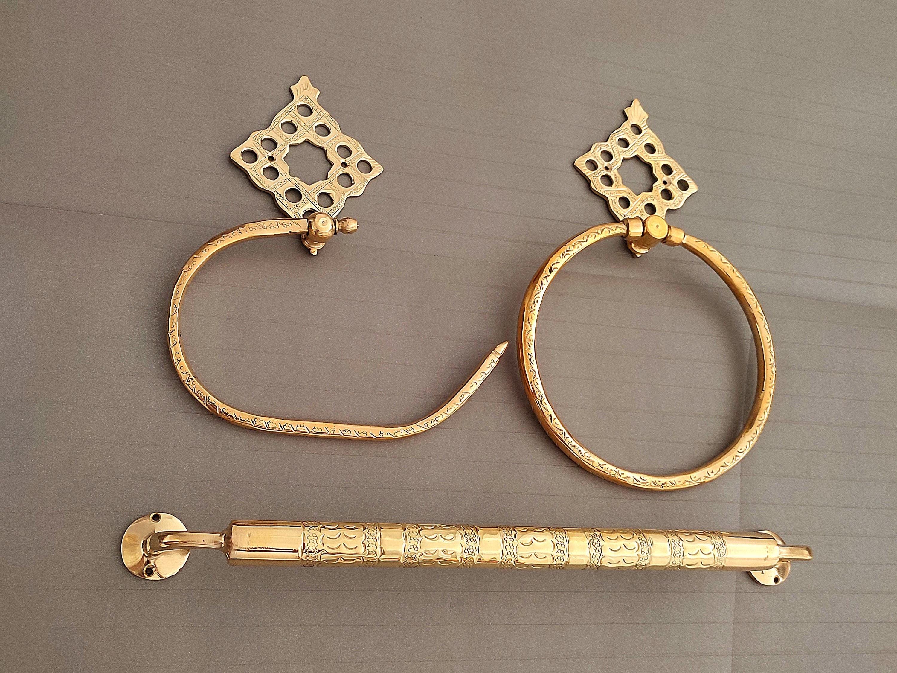 Handmade Moroccan Brass Bathroom Hardware Set - Towel Bar, Towel Ring & Toilet Paper Holder - Vintage Wall Decor