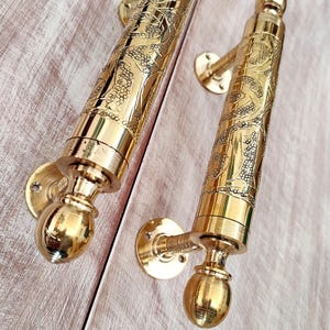 Handmade Brass Door Handles , Engraved Moroccan Cabinet Pulls , Vintage Gold Shelf Handles