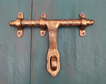 Handmade Engraved Brass Slide Bolt Lock , Vintage Moroccan Door Latch