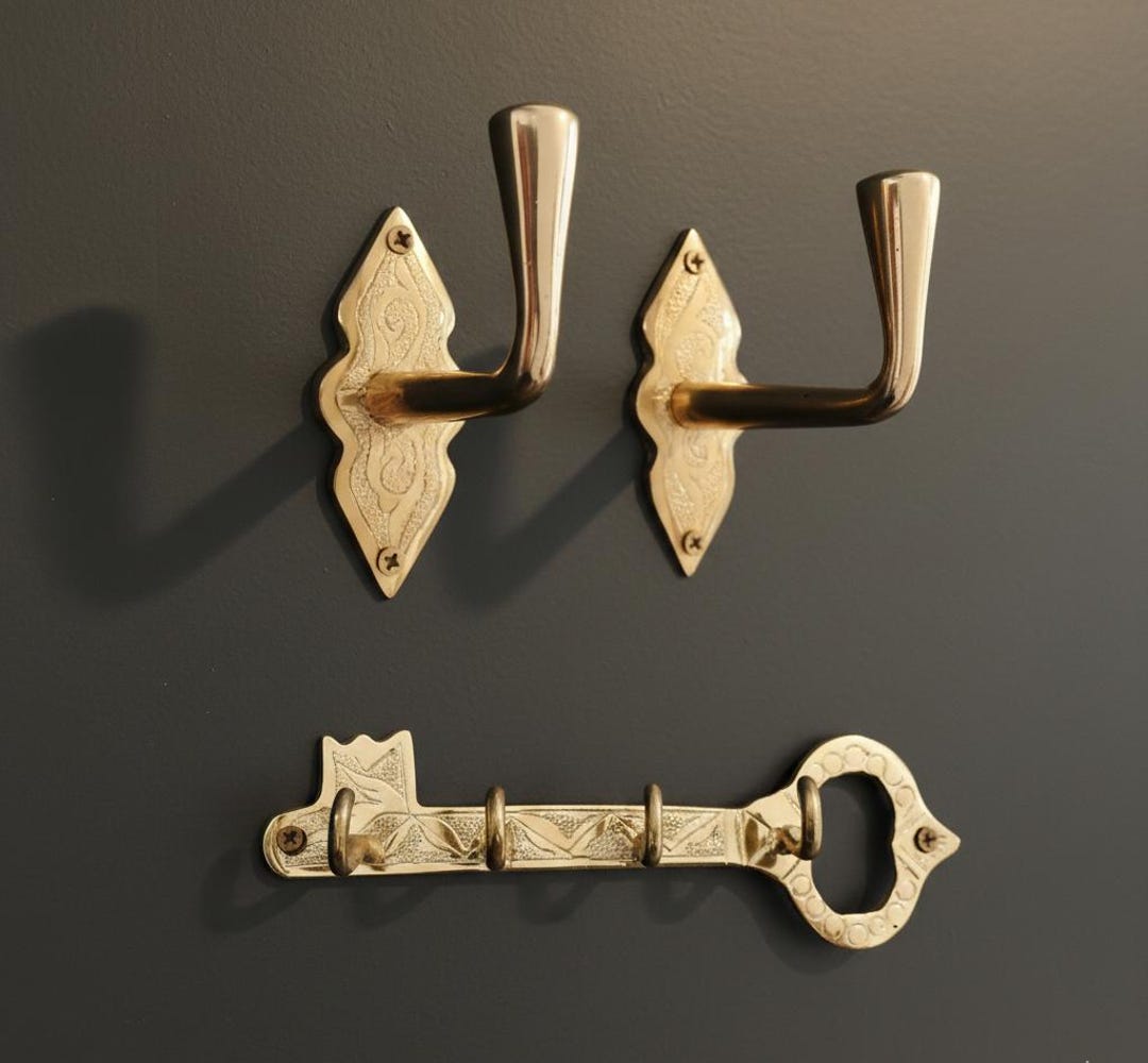 Moroccan Brass Wall Hooks & Key Holder Set – Handmade Entryway Key Rack ...