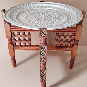 Moroccan Brass Table, Wooden and Brass Folding Table, Boho Coffee Table, Handmade Engraved Tray Table, Elegant Home Decor