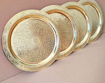 Handgefertigte marokkanische Messingtablett, gravierte dekorative runde Metall Servierplatte, Tee Kaffee Tablett, Boho Wohnkultur