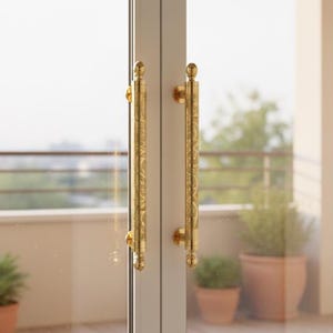 Può includere: Due maniglie dorate ornate con un design verticale e dettagli decorativi. Le maniglie sono montate su un telaio di porta bianco, con una scena esterna sfocata visibile attraverso il vetro.