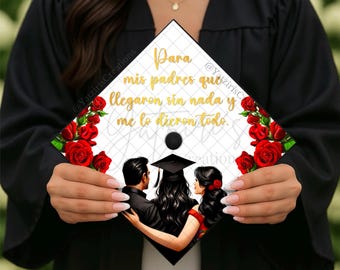Floral Mexican Family Printed Graduation Cap Topper, Mexico Graduation, Grad Gift, Printed Cap Topper Design, Hispanic Girl With Parents