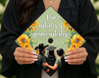 Mexican Family Sunflower Printed Graduation Cap Topper, Mexico Graduation, Grad Gift, Printed Cap Topper Design, Hispanic Girl With Parents