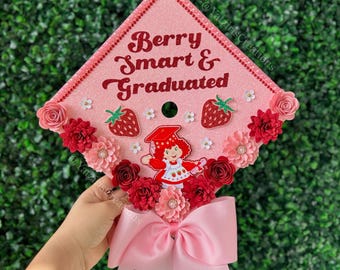 Strawberry Girl Graduation Cap Topper, Paper Flowers, Butterflies, Shortcake, Grad Cap Gift, Personalized Grad Cap, Grad Bow