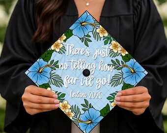 Hibiscus Tropical Floral Printed Graduation Cap Topper, Hawaiian Grad Gift, Custom Name, How Far I’ll Go, Moana Quote, Cardstock Print, Blue