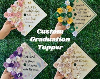 Custom Graduation Cap Topper , Paper Flowers, Butterflies, Custom Grad Cap, Grad Gift, Custom Quote, Glitter Cardstock, Your Color Choice
