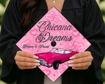 Chicana Dreams Lowrider Printed Graduation Cap Topper, Airbrush Hearts Cap Topper, Chicana Graduate, Pink Girly Grad Gift, Cardstock Print