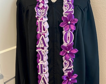 Personalized Graduation Lei With Flowers, Grad Gift, Class of 2026, Satin Ribbon, Single Braided Ribbon, Graduation Stole, Custom Color