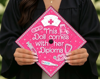 Pink Nurse Doll Printed Graduation Cap Topper, Pink Doll Graduation, Girly Grad Gift, Cap Topper Design, Pink Girly