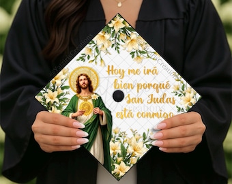 San Judas Floral Printed Graduation Cap Topper, San Judas Tadeo Printed Topper,  First Gen, Hispanic Graduate, Grad Gift, Cardstock Print