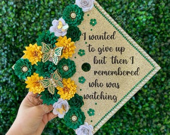 Personalized Graduation Cap Topper , Paper Flowers, Butterflies, Custom Grad Cap, Grad Gift, Custom Quote, Glitter Cardstock, Green & Gold