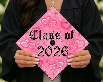 Y2K Airbrush Design Printed Graduation Cap Topper, Airbrush Hearts Printed Cap Topper, Chicana Graduate, Girly Grad Gift, Cardstock Print