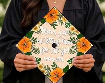 Hibiscus Tropical Floral Printed Graduation Cap Topper, Hawaiian Grad Gift, Custom Name, How Far I’ll Go, Moana Quote, Cardstock Print