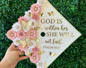 Personalized Graduation Cap Topper , Paper Flowers, Butterflies, Custom Grad Cap, Grad Gift, Custom Quote, Glitter Cardstock, Pink & Gold