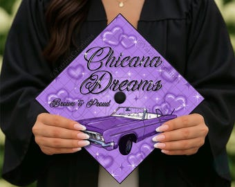 Chicana Dreams Lowrider Printed Graduation Cap Topper, Airbrush Hearts Cap Topper, Chicana Graduate, Purple Girly Grad Gift, Cardstock Print