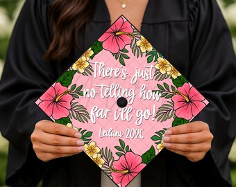 Hibiscus Tropical Floral Printed Graduation Cap Topper, Hawaiian Grad Gift, Custom Name, How Far I’ll Go, Moana Quote, Cardstock Print, Pink