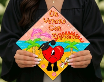 Un Verano Con Diploma Printed Graduation Cap Topper, Bad Bunny Grad Cap, Benito Graduation Cap Design, Music, Reggaeton, Card Stock Print