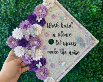 Personalized Graduation Cap Topper , Paper Flowers, Butterflies, Custom Grad Cap, Grad Gift, Custom Quote, Glitter Cardstock,Purple & Silver