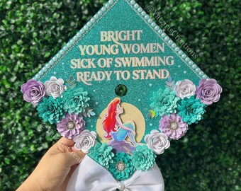 Mermaid Graduation Cap Topper, Paper Flowers, Princess Graduation, Grad Cap Gift, Personalized Grad Cap, Class of 2026 Grad Bow