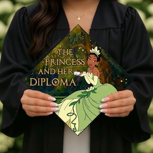 The Princess & Her Diploma Printed Graduation Cap Topper, Princess Graduate, Grad Gift, Printed Grad Design, Cardstock Print, Princess Tiana