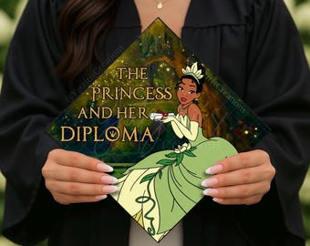 The Princess & Her Diploma Printed Graduation Cap Topper, Princess Graduate, Grad Gift, Printed Grad Design, Cardstock Print, Princess Tiana