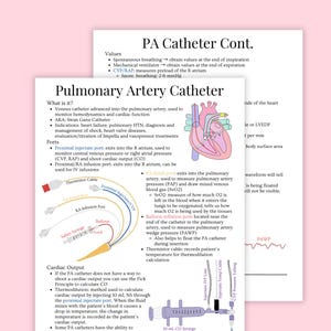 May include: A medical diagram of a pulmonary artery catheter, detailing its components and functions. The image includes text explaining the catheter's use in monitoring hemodynamics and cardiac function, along with illustrations of the heart and catheter parts.