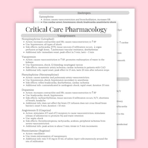 May include: A white sheet of paper with black text outlining critical care pharmacology. The text includes a list of medications, their actions, uses, side effects, and additional information. The medications listed include epinephrine, norepinephrine, vasopressin, phenylephrine, dopamine, angiotensin II, phentolamine, and inotropes.