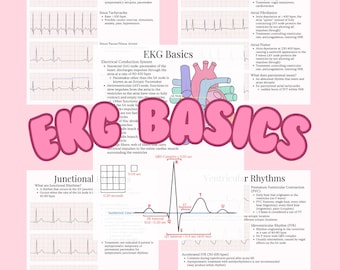 May include: A colorful infographic explaining the basics of EKG rhythms. The infographic includes diagrams of different heart rhythms, such as sinus rhythms, atrial rhythms, junctional rhythms, and ventricular rhythms. The infographic also includes a diagram of the electrical conduction system of the heart.