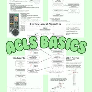 Peut inclure: Un tableau de référence médicale intitulé "ACLS Basics" avec des schémas et du texte sur les algorithmes d'arrêt cardiaque, la bradycardie et la tachycardie. Comprend des instructions pour la défibrillation et l'accès IO. Fond vert clair.