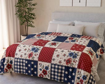 Patriotic Blanket, Patchwork Design American Flag Floral Throw Blanket, Red White Blue Quilt Style, 4th of July Decor, USA Gift
