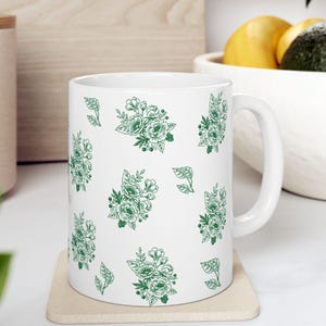 Green Floral Ceramic Mug: Elegant Spring Coffee Cup - 11oz/15oz