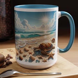 Turtle Beach Coffee Mug, Coastal Coffee Cup, Seashell Mug, Beach Lover Gift, Nautical Home Decor, Summer Vibes, Ocean Wave Ceramic Mug
