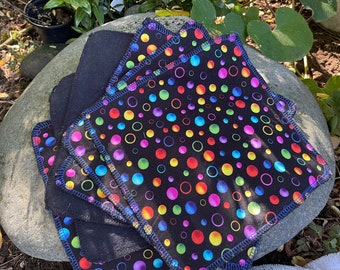 Black, rainbow, polka dotted, napkins, Reusable small half size Paper Towels - 8”x8”