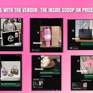 May include: A screenshot of a conversation on a messaging app. The conversation is about the price of various items, including a black and white handbag with a large letter "E" on the front, a pink insulated tumbler with a Hello Kitty design, a black quilted handbag, a pair of brown shearling slippers, and a pink quilted handbag.