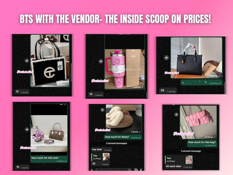 May include: A screenshot of a conversation on a messaging app. The conversation is about the price of various items, including a black and white handbag with a large letter "E" on the front, a pink insulated tumbler with a Hello Kitty design, a black quilted handbag, a pair of brown shearling slippers, and a pink quilted handbag.
