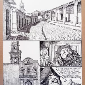 May include: A black and white comic book illustration depicting a cobblestone street leading to a church with a tall steeple. The illustration includes a scene of a person in a crown of thorns, a person in a hat, and text in Italian.