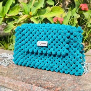 Turquoise Pom Pom Clutch Bag – Handmade Textured Purse with Chain Strap | Unique Evening Bag | Gift for Her | Boho Style Accessory