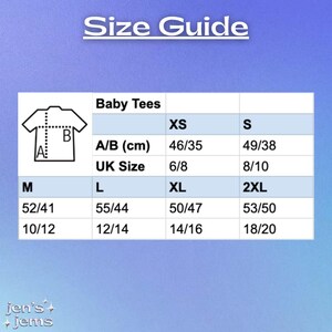 May include: A size guide for baby tees, featuring a white table with size information against a gradient blue background. The table includes sizes XS to 2XL, with measurements in centimeters and UK sizes. The text "Size Guide" is at the top.