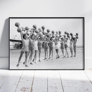 Vintage Woman Photo - Fitness Women lifting Barbells Weights on the Beach - Photography Wall Art, Feminist Wall Art, Bar Art, Decor, Print
