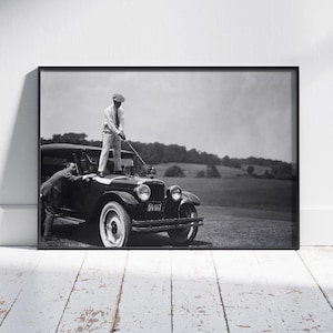 Vintage Golfer on Car Wall Art, Black and White Print, Sports Bar Wall Decor, Funny Wall Art Gift for Men, Retro Golf Print