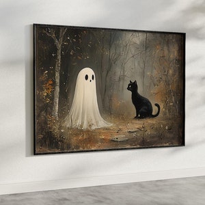 May include: A framed painting of a white ghost and a black cat in a dark forest setting. The ghost is standing in the center of the painting, while the cat is sitting on the ground to the right. The background is a dark forest with trees and leaves.