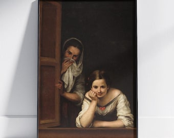 Póster divertido para el baño, arte vintage para el baño con humor, retrato divertido, Dos mujeres en una ventana pintadas, pintura vintage, impresión digital divertida