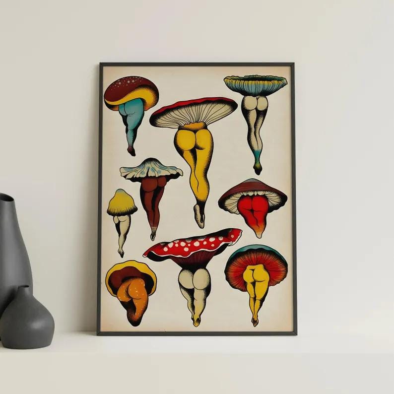 May include: A framed art print featuring whimsical mushroom illustrations. Each mushroom is depicted with colorful caps and legs, showcasing a unique and playful design. The artwork is set against a neutral background, enhancing the vibrant colors of the mushrooms.