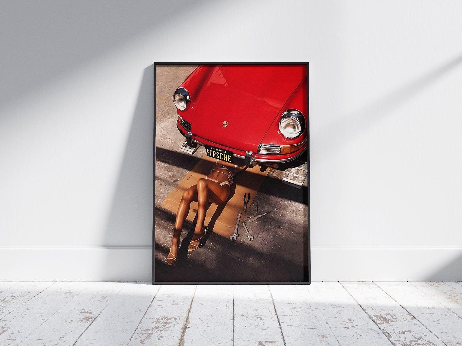 Retro-Inspired Vintage Car Art Print, Vibrant Red Car Fashion Photography, Digital Download, Perfect for Man Cave, Auto Enthusiast Decor