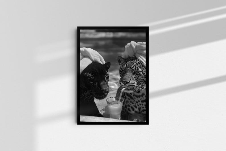 May include: Black and white photo of two leopards wearing towels on their heads, sitting at a table with a drink. One leopard is drinking from a straw.