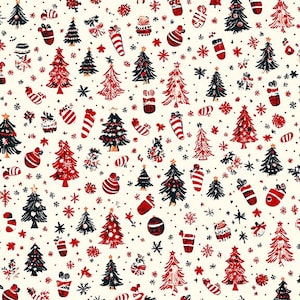 Könnte beinhalten: Ein weißer Hintergrund mit einem sich wiederholenden Muster aus roten und schwarzen Weihnachtsbäumen, Schneeflocken und Zuckerstangen.
